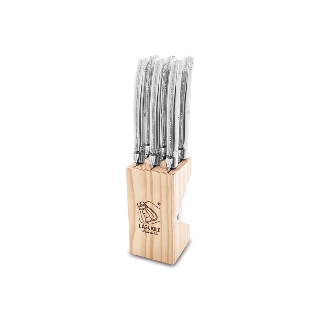 Laguiole Steakmessen Premium Line 6 stuks RVS in houten blok Messen Laguiole