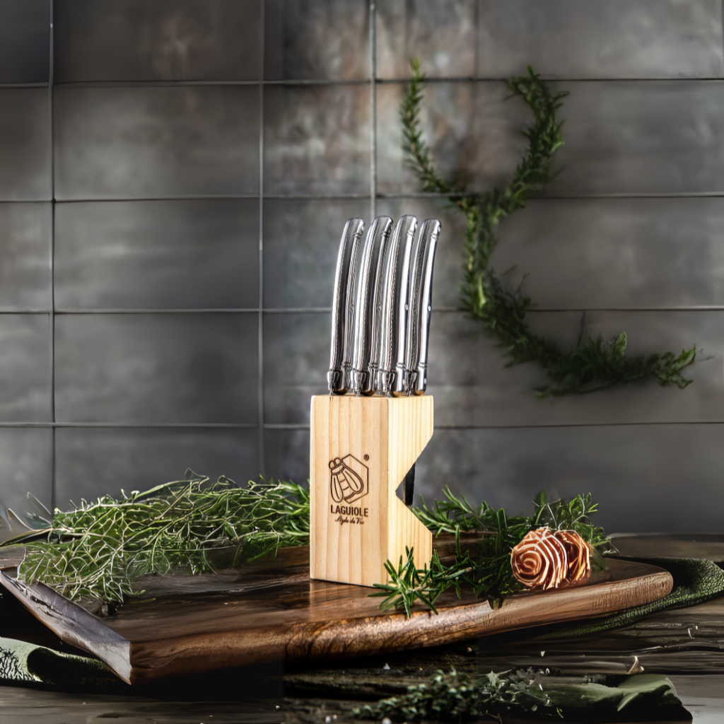 Laguiole Steakmessen Premium Line 6 stuks RVS in houten blok Messen Laguiole