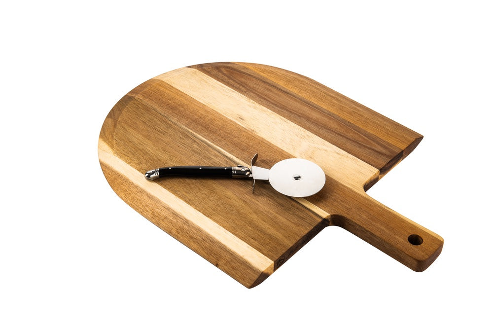 Pizzasnijder Zwart met plank Acaciahout. Messen Laguiole